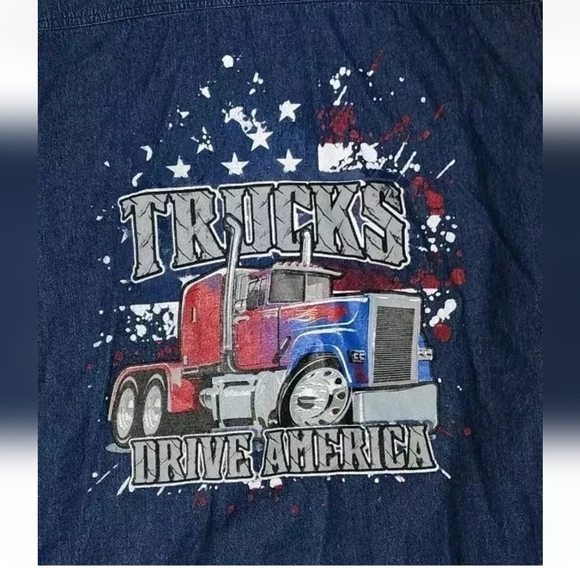 American Trucker Patriotic Flag Denim Shirt Trucks Men's 3XL Blue Jean Vest EUC - Picture 3 of 5